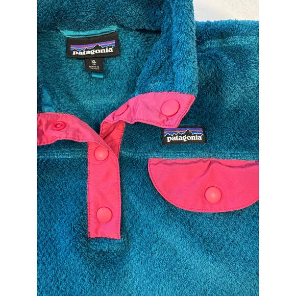 Patagonia Girls Snap T Fleece Pull Over Jacket Sweatshirt Fuzzy Green Pink XL 14 - Picture 3 of 6